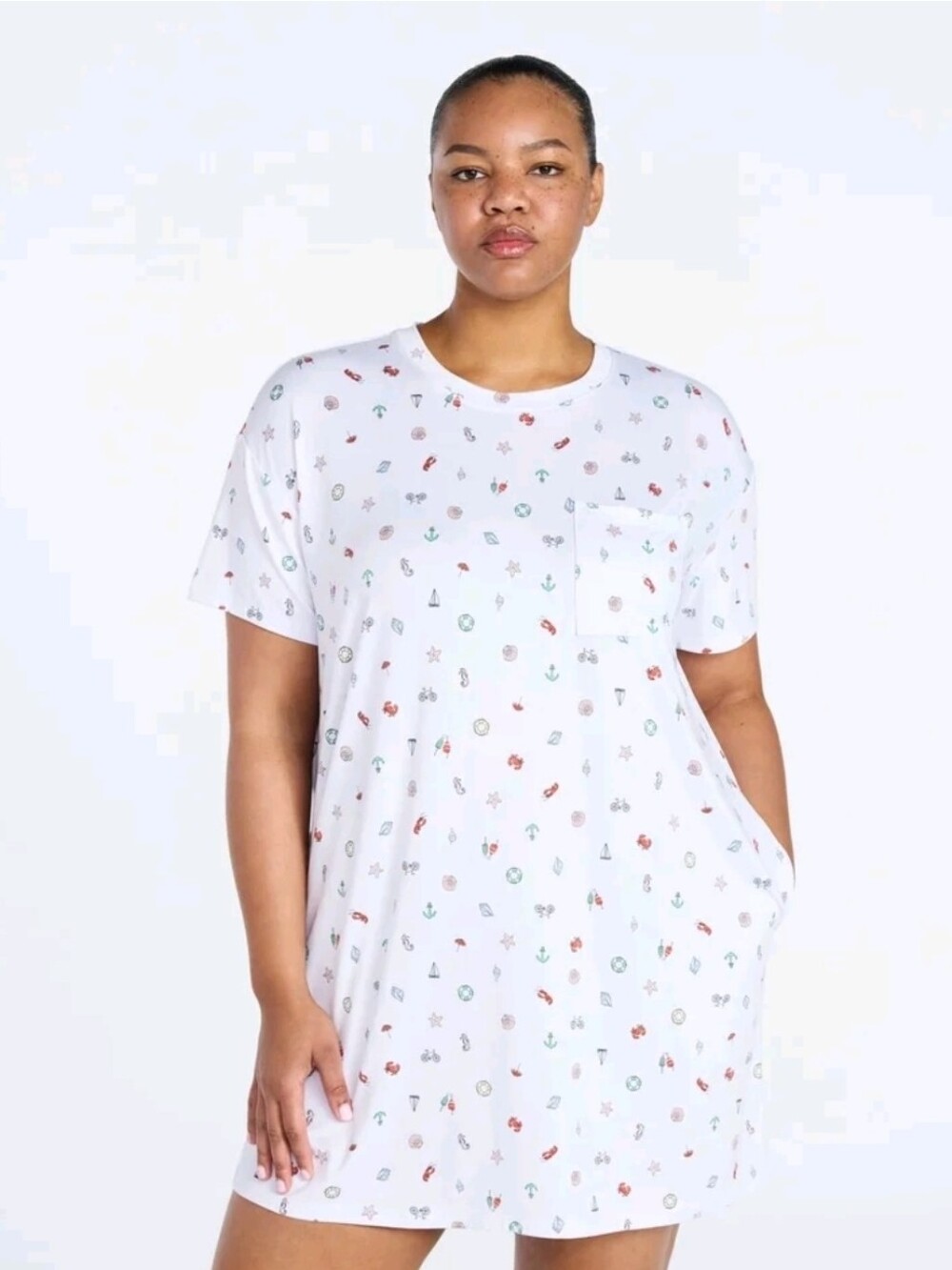 White Short-Sleeve Printed Swim Cover-Up Dress with Pocket
